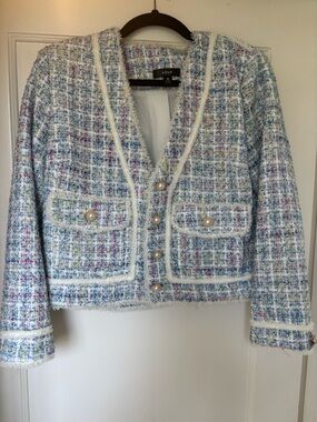 Aqua Pastel Bouclé Tweed Pearl-Button Cropped Blazer